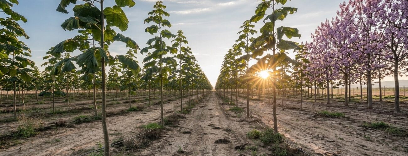 A healthy commercial plantation of Paulownia Clon InVitro 112® trees displaying straight, cylindrical trunks and rapid canopy growth in a field trial. · AI-generated