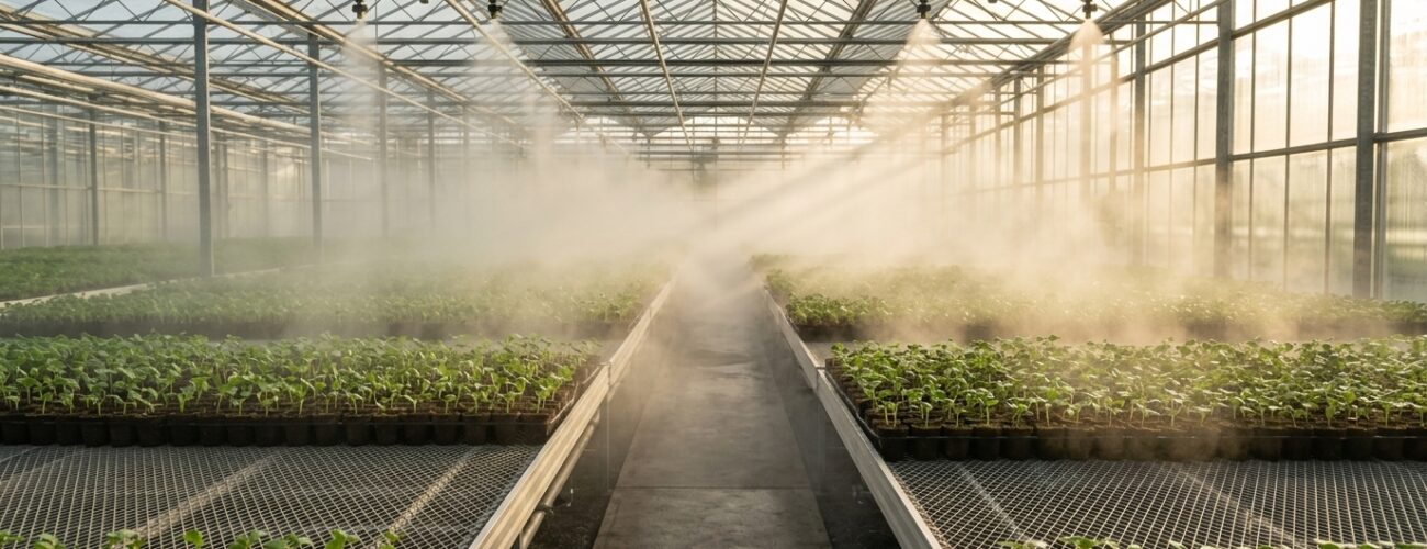 Automated high-pressure fogging system regulating vapor pressure deficit during ex vitro rootstock acclimatization · AI-generated