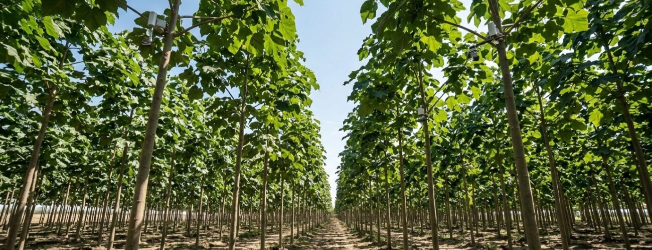 A lush, fast-growing Paulownia Clon InVitro 112 plantation with dense foliage under scientific canopy monitoring for carbon sequestration. · AI-generated
