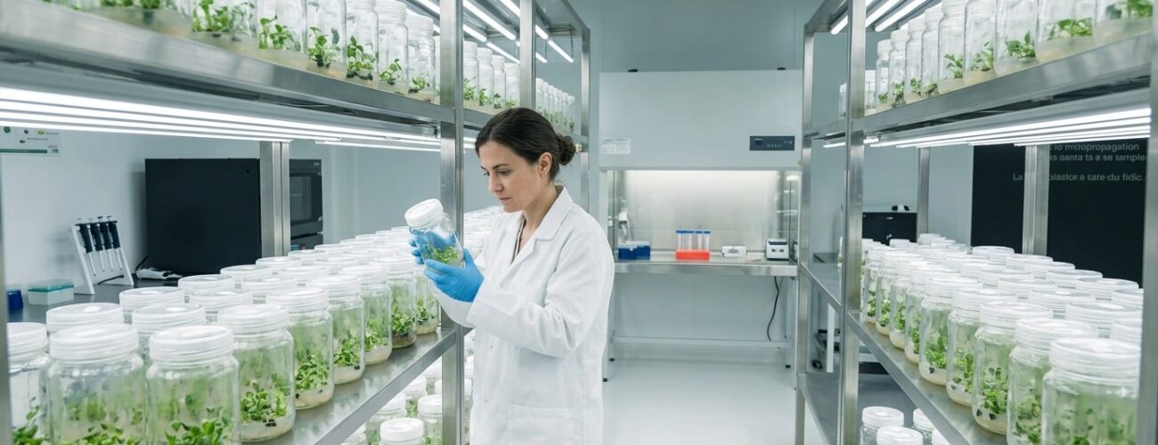 A scientist in a sterile micropropagation laboratory inspecting tissue culture plantlets growing in aseptic vessels under controlled light. · AI-generated