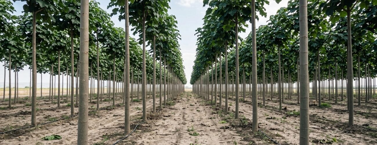 A well-structured commercial plantation of Paulownia Clon InVitro 112 trees showing straight cylindrical trunks and lush foliage in a structured grid layout. · AI-generated