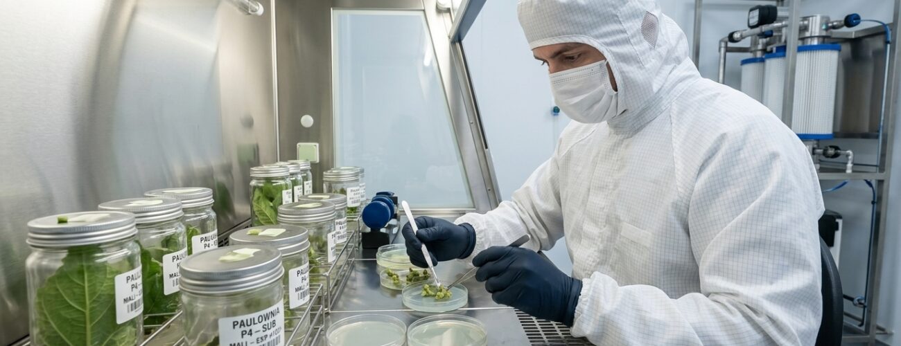 Laboratory technician working inside an ISO cleanroom laminar flow hood performing micropropagation subculturing. · AI-generated